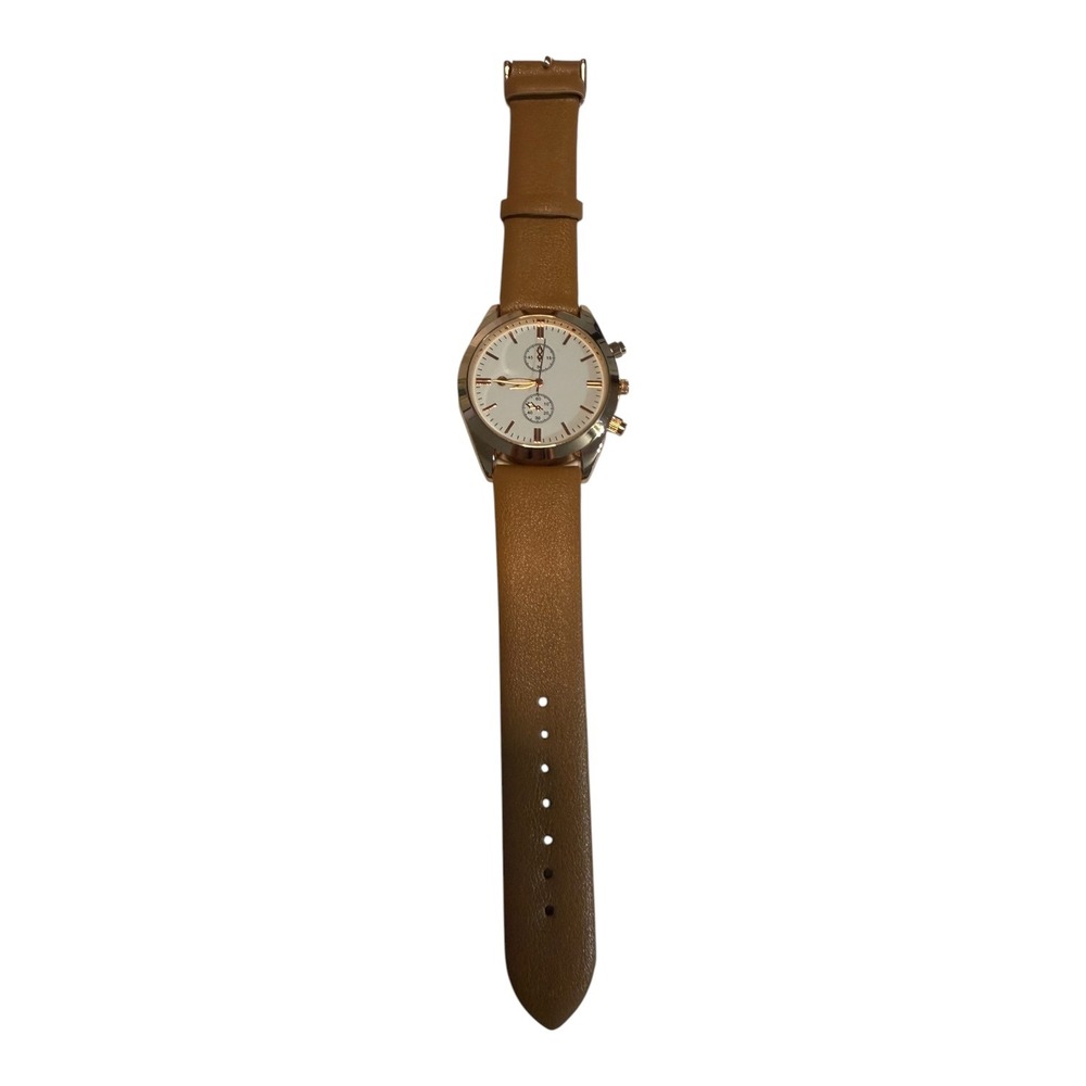Womens Rose Gold Tone Analog Watch Tan Faux Leather Strap White Dial Minimalist
